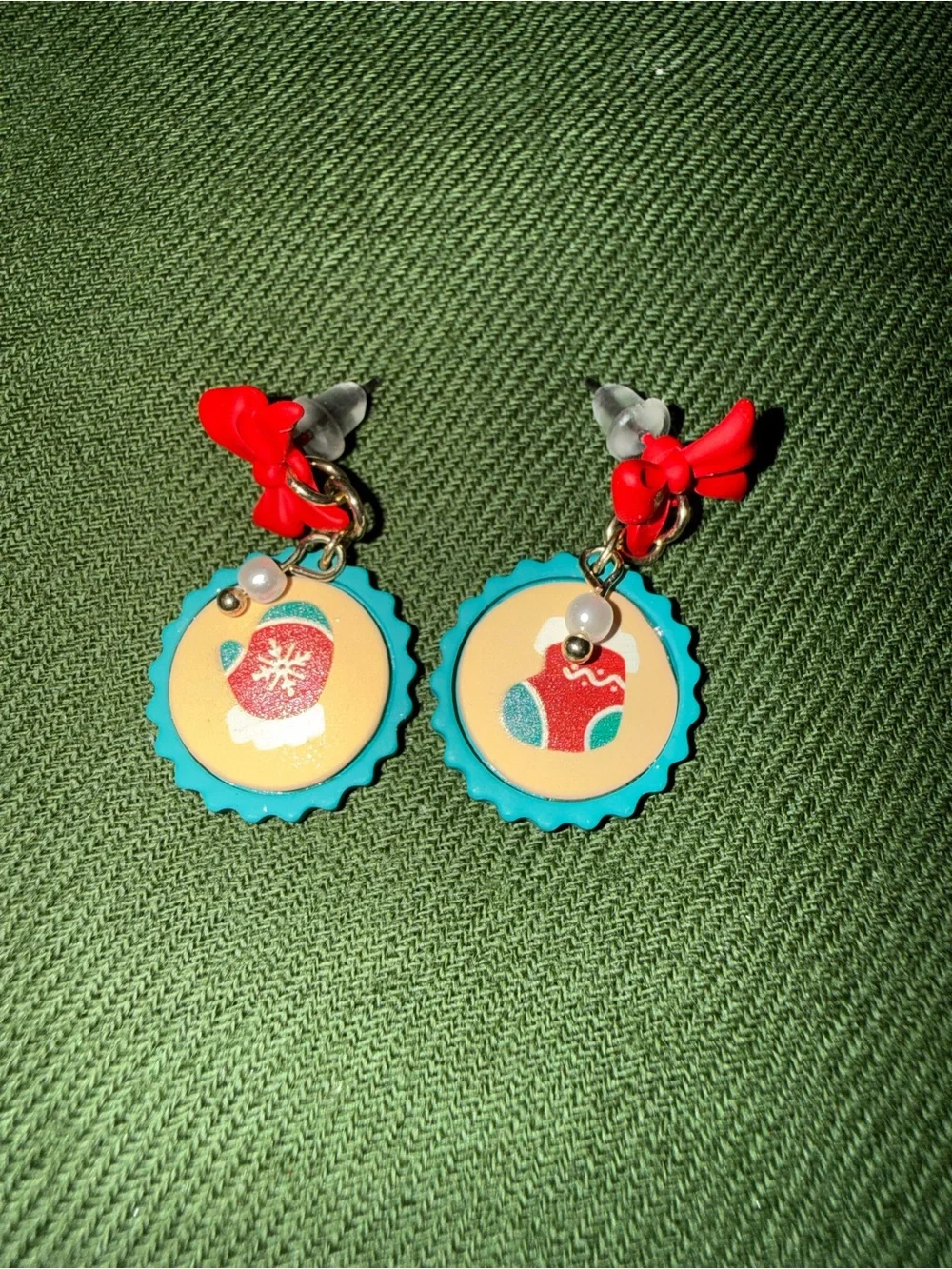Kids Red Bow & Turquoise Holiday Sock Drop Earrings